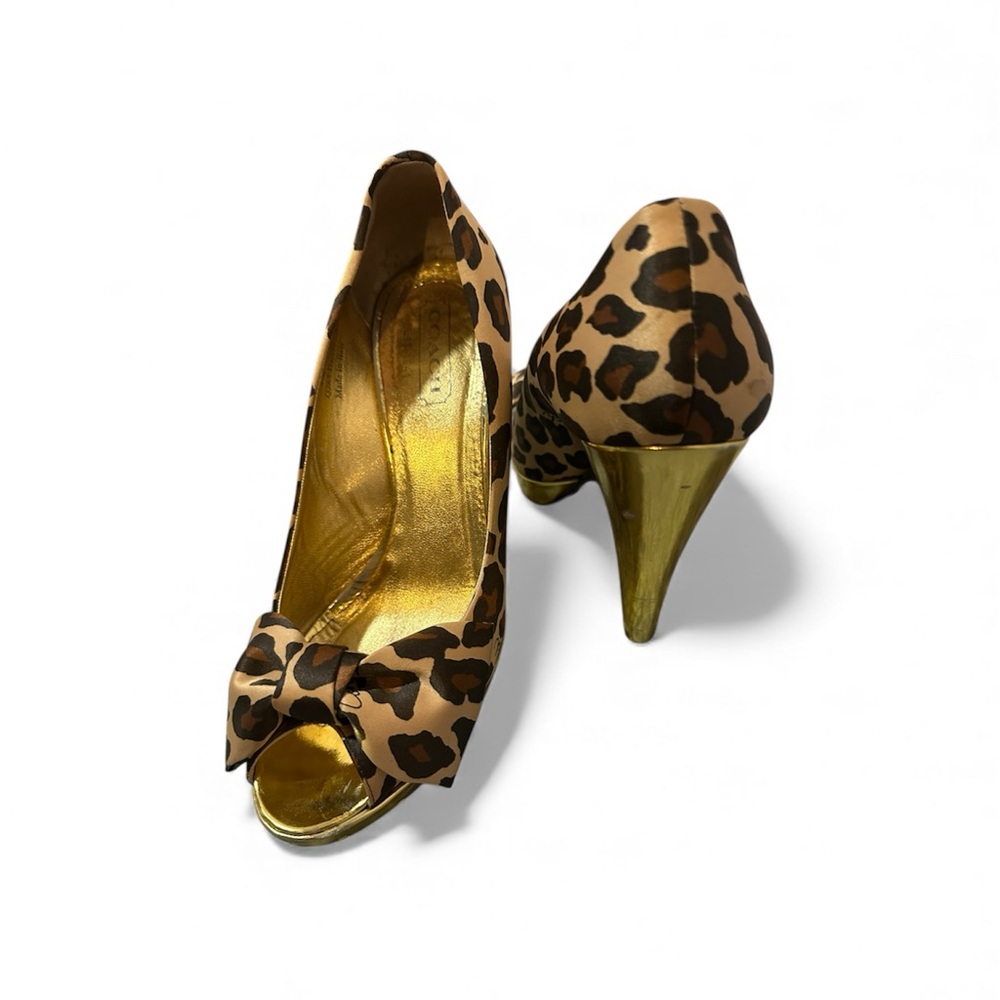 COACH  Leopard Print Peep-Toe Heels with Gold Accents 8# - Picture 2 of 9